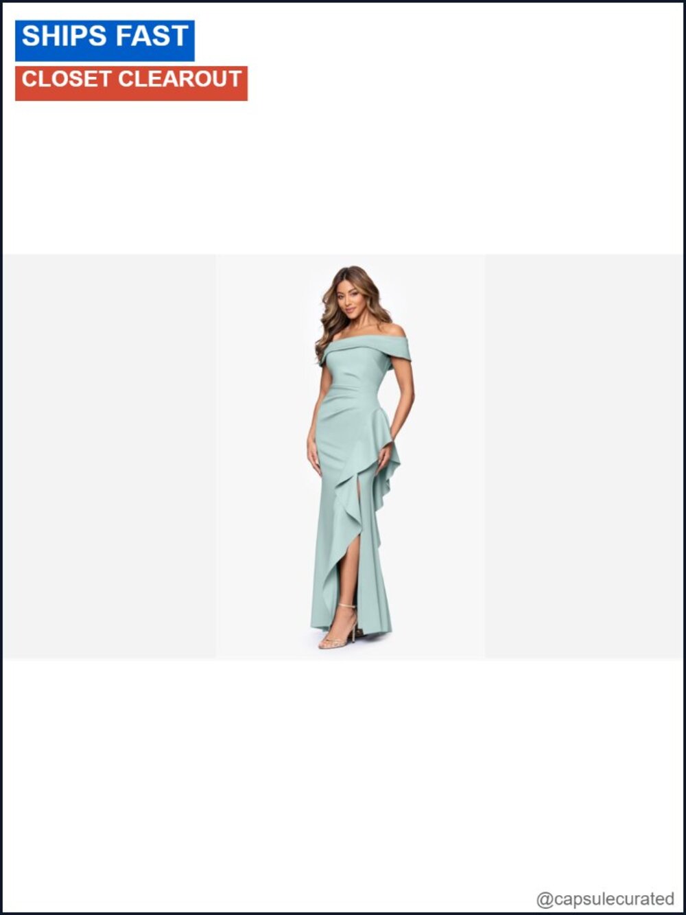 Off-Shoulder Ruched Evening Dress Ruffle Leg Slit Floor Length - Picture 6 of 6